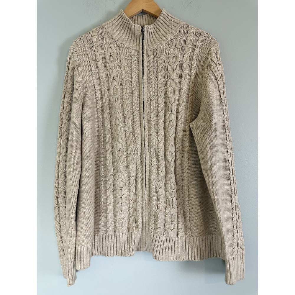 L.L. Bean 1X Plus Cable Knit Zip Cardigan Sweater Beige Grandmacore Normcore